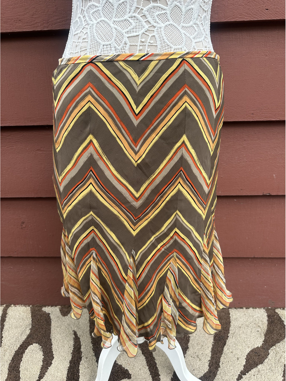 Alfani Multi Coloured Vintage Silk Skirt with Ruffle Hem Elastic Waist